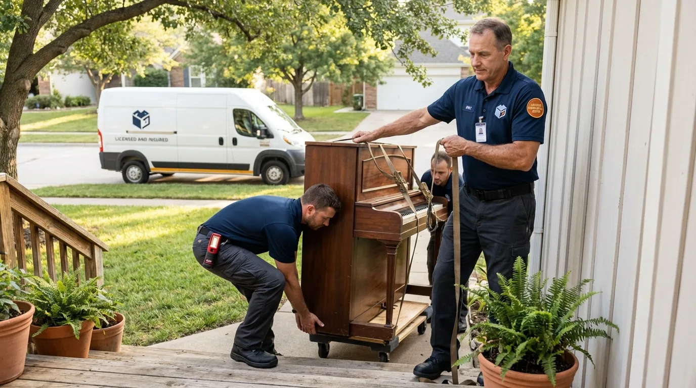 Licensed piano movers securing grand piano in Bristol, PA