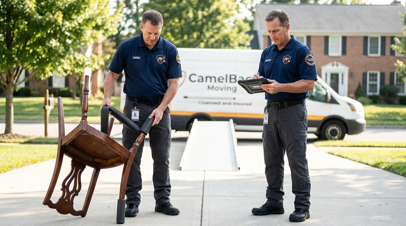 Movers inspecting furniture for damage prevention before loading in Bristol, PA