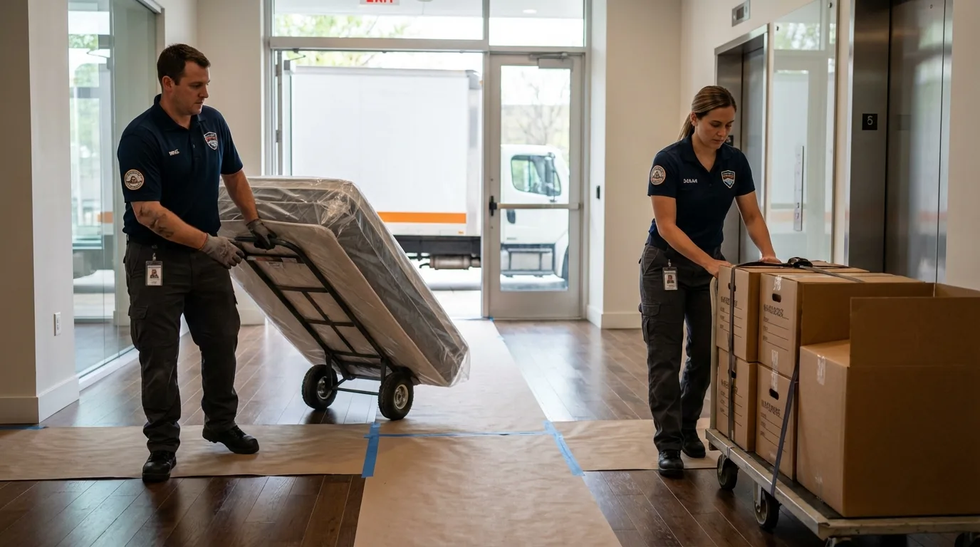 Professional apartment movers loading elevator in Bristol, PA